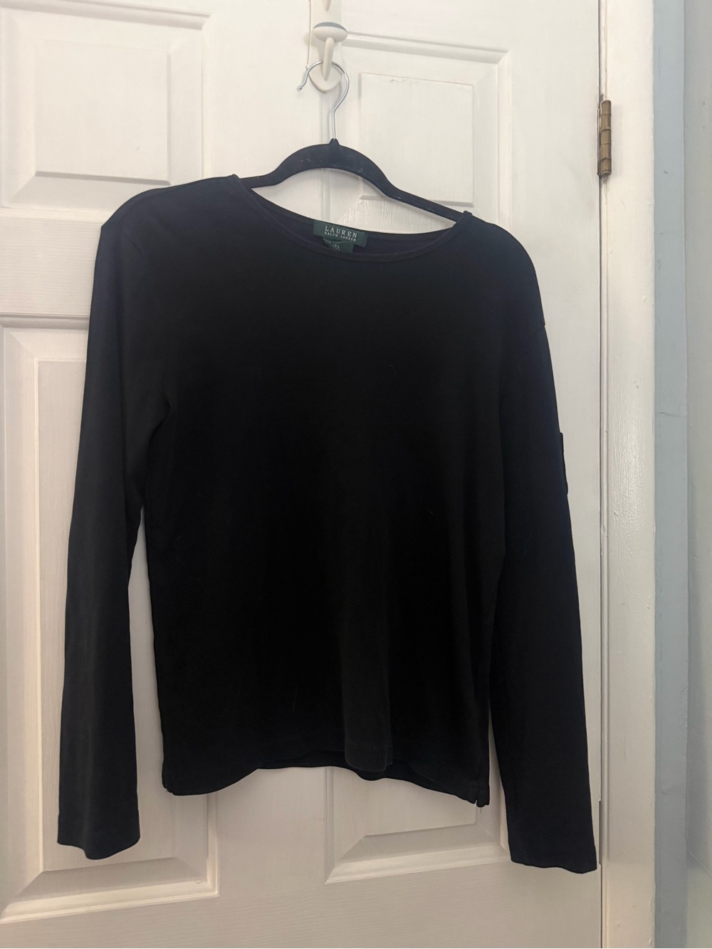 Lauren Ralph Lauren Black Cotton Long Sleeve Top L Logo Sleeve Pocket